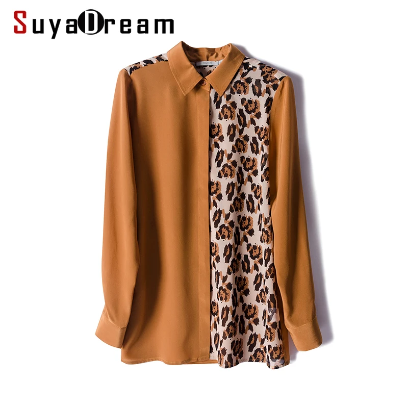 

Women Print Blouse 100% REAL SILK Crepe Leopard Printed Blouse Shirt Long Sleeved 2019 Spring Summer Office Lady Blouse Shirt