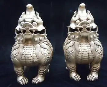 

17" China Bronze gild Foo Dogs censer unicorn lion PairIncense Burner Statue