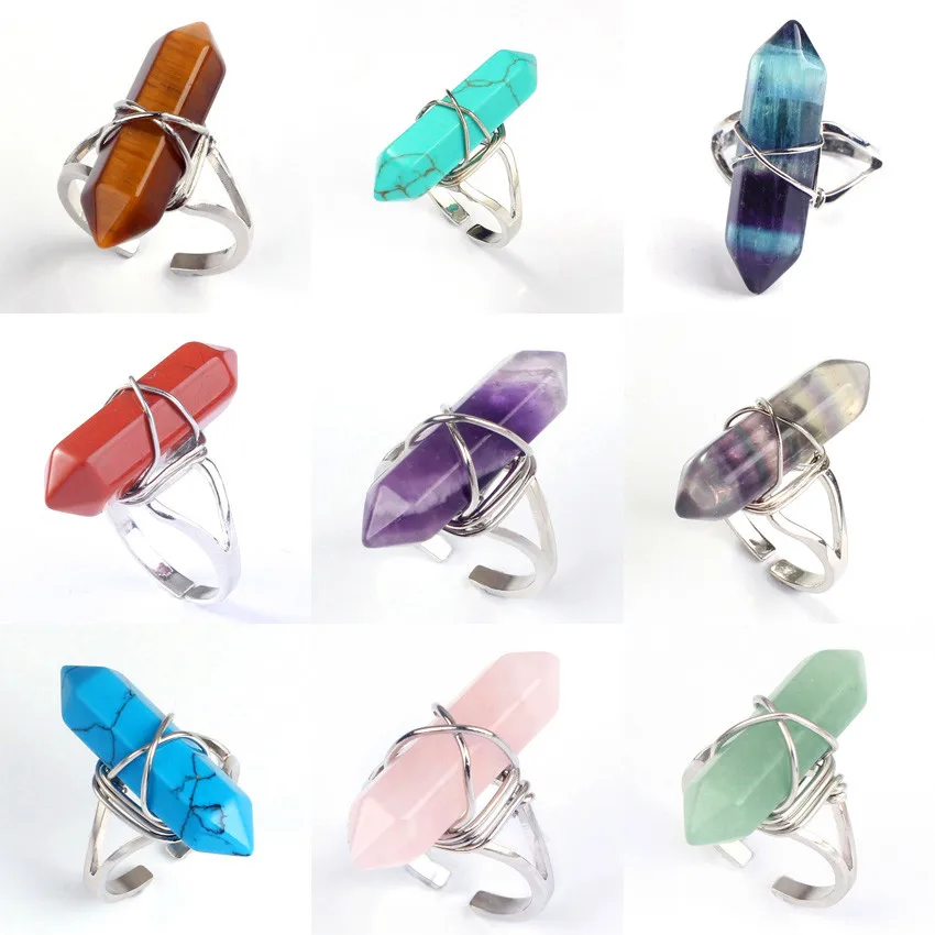 

Kraft-beads Silver Plated Wire Wrapped Opalite Opal Hexagon Column Resizable Amethysts Rings Anniversary Jewelry