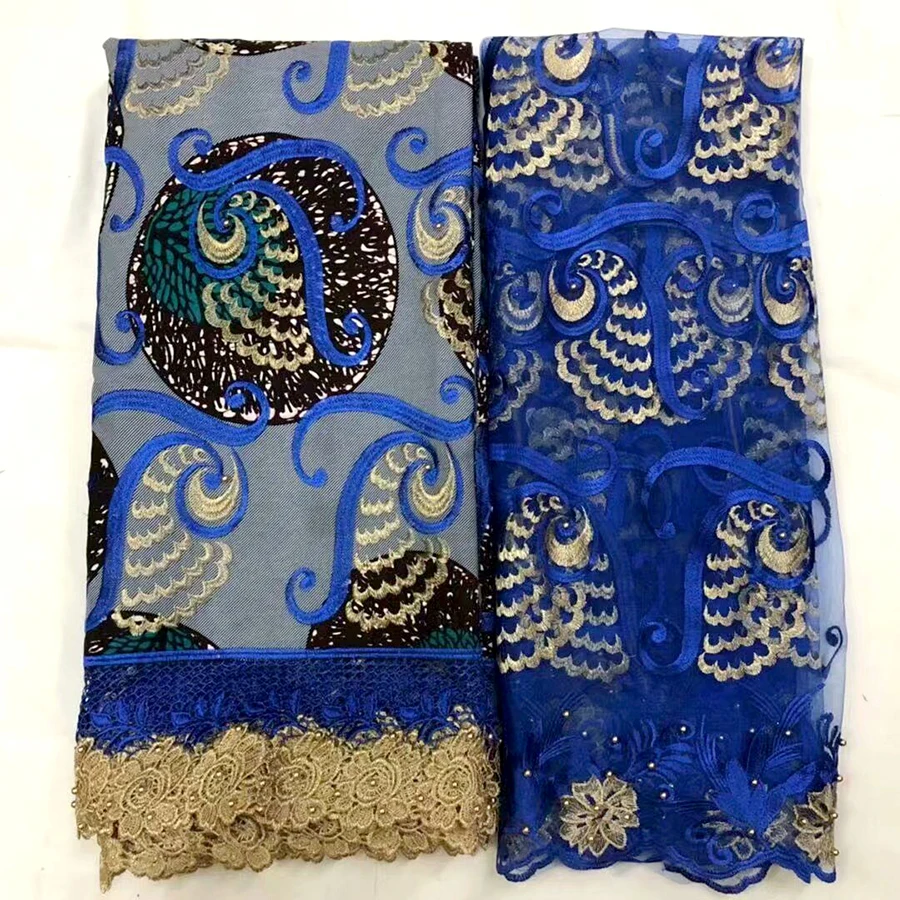 

New Style Hot Sale Royal blue color African Wax Lace Fabrics Cotton Nigerian Ankara Style Print Lace Fabric 6+2Yards /lot dress