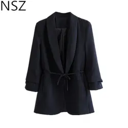 NSZ женский однотонный Блейзер 3/4 рукав зубчатый офис леди пальто с поясом Верхняя одежда Куртка