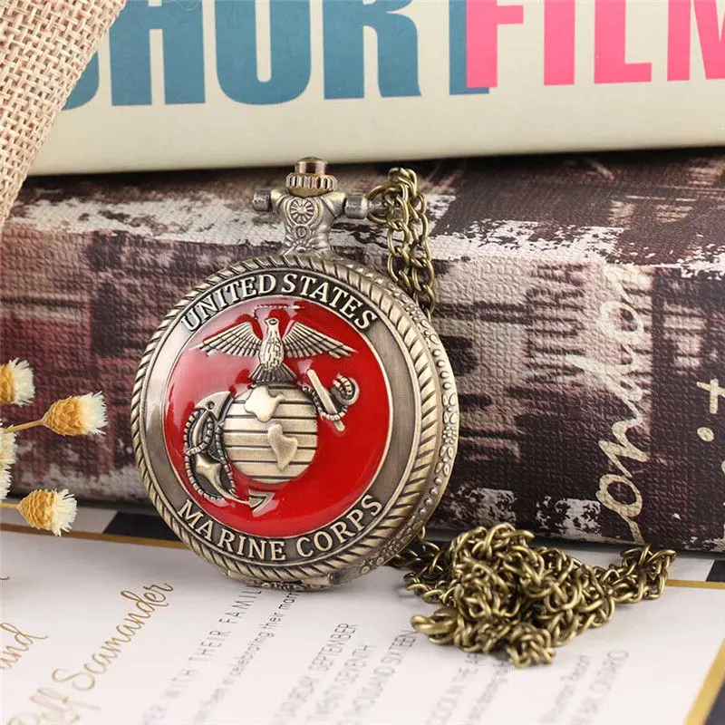 Vintage Charm United States Marine Corps Quartz Steampunk Pocket Watches For Women Men Necklace Pendant Clock 4