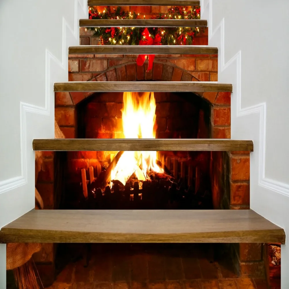 6pcs/set 18cm x 100cm Fire Burning Fireplace Pattern Stair Sticker Wall