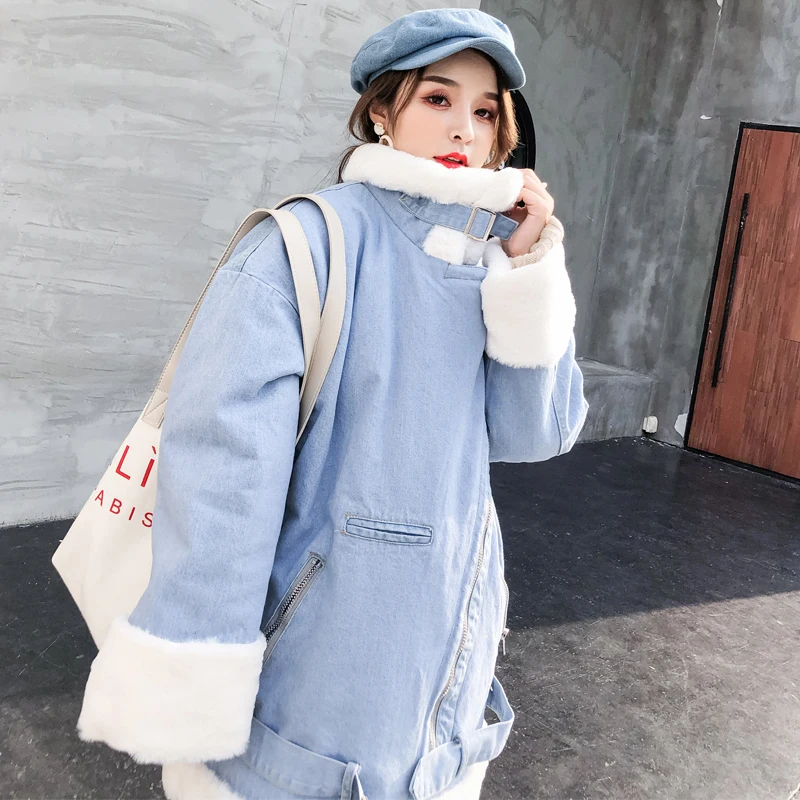 

2019 New Warm Winter Bomber Light Blue Cotton Long Basic Ladies Top Windbreaker Female Women Coat Jeans Denim Jackets Thick