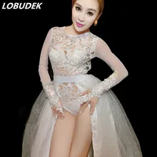 Боди+ хвост) женские сексуальные костюмы перспектива Белое кружево блестки сиамские этап наряд ночной клуб бар певица танцор производительность