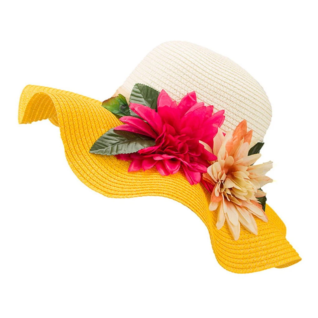 UV Protection Women Girl Wide Brim Hat Flower Decor Large Brimmed Hats Straw Braid Summer Beach