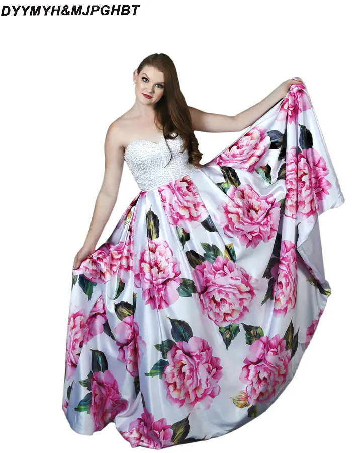 Elegant Prom Dresses Bigger Flower Print Satin Sweetheart Corset Back
