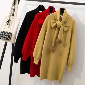 

New Spring Autumn Women Dresses Plus Size Fashion Loose O-Neck Solid Long Sleeve Scarf Knitted Dress For Women Larger One-Piece