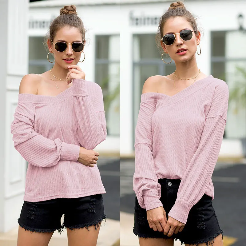 

2019 Autumn Winter New Women Sexy V Neck Lantern Sleeve T Shirt Solid Casual Plaid Grain Loose Tees Female Black Pink Tops S-2XL