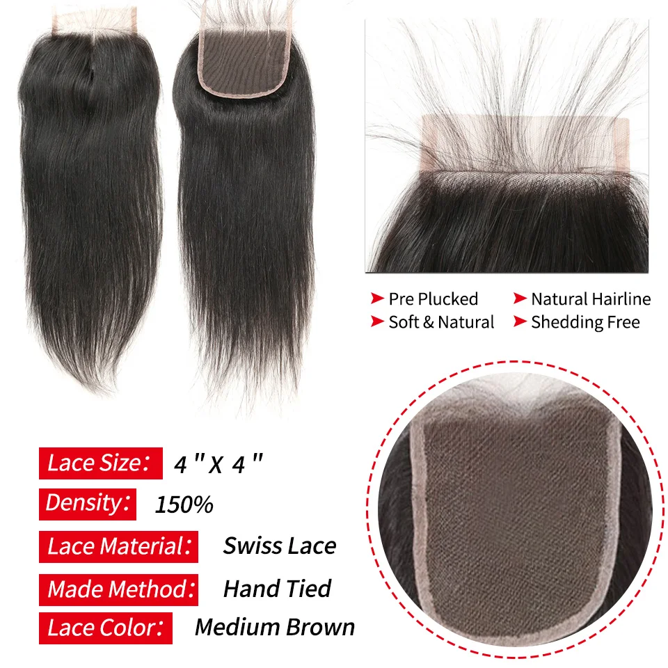 Alimice Hair Indian Straight Human Hair Bundles With Closure 3 Bundles Hair Extensions With Closure Natural Color Straight Hair