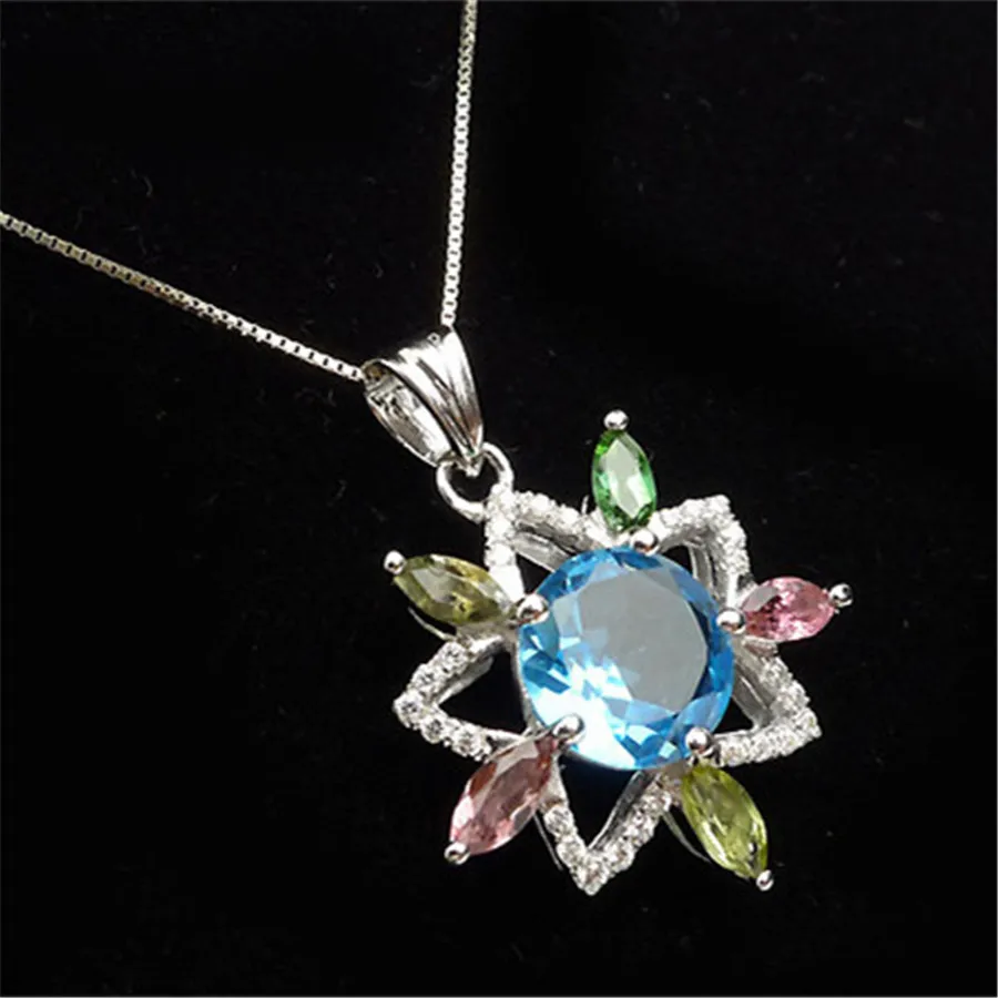 

Fashion Silver Zircon Jewelry Pendant For Women Necklace Charm Flower Natural Colorful Tourmaline Quartz Crystal Pendant