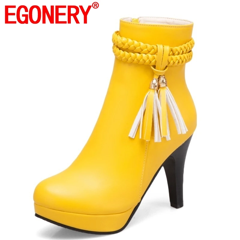 

EGONERY newest fashion round toe zipper super high spike heels platform fringe three colors winter warm party ladies ankle boots
