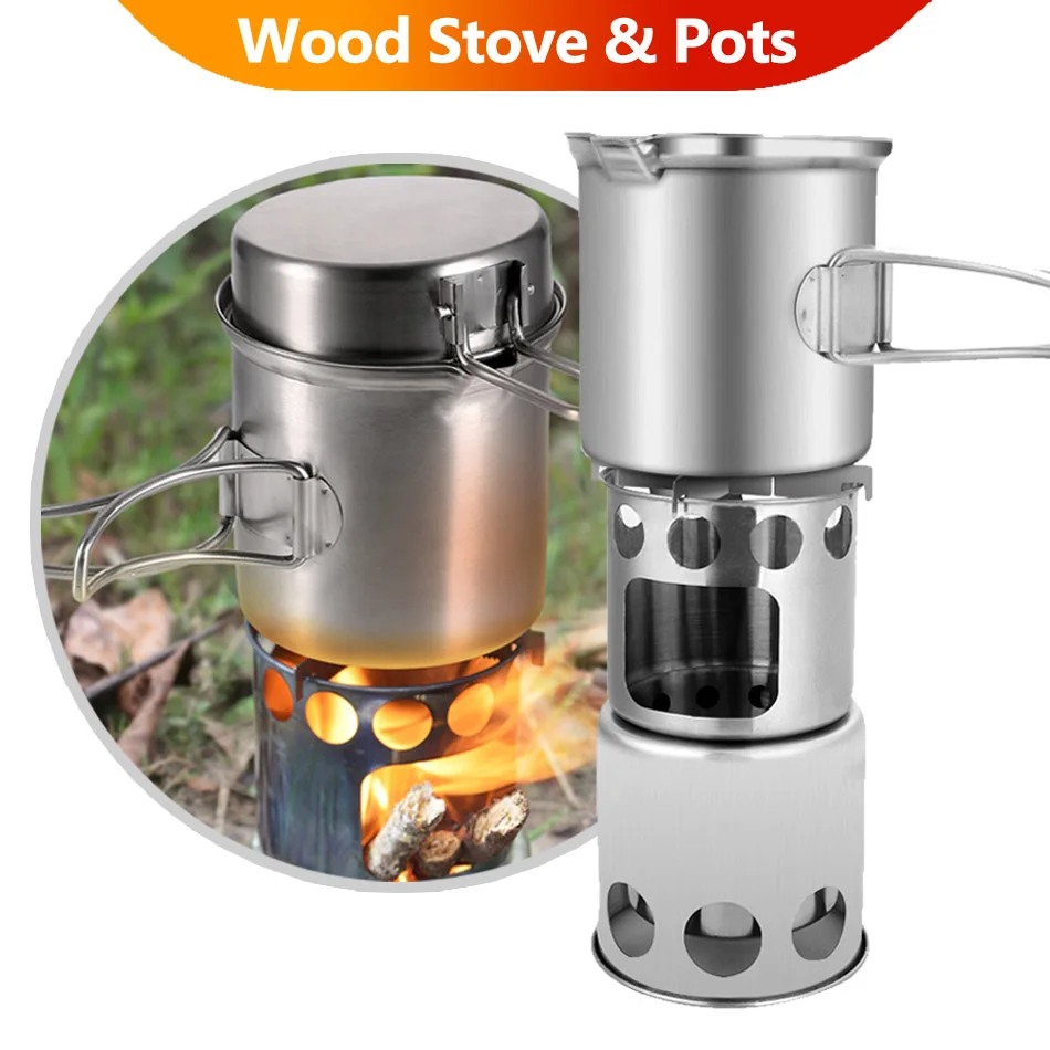 

Portable Camping Wood Stove Pots Set Kit Firewood Fogao Tableware Cookware 304 Stainless Steel Kamp Ocak Outdoor Cooking Camp