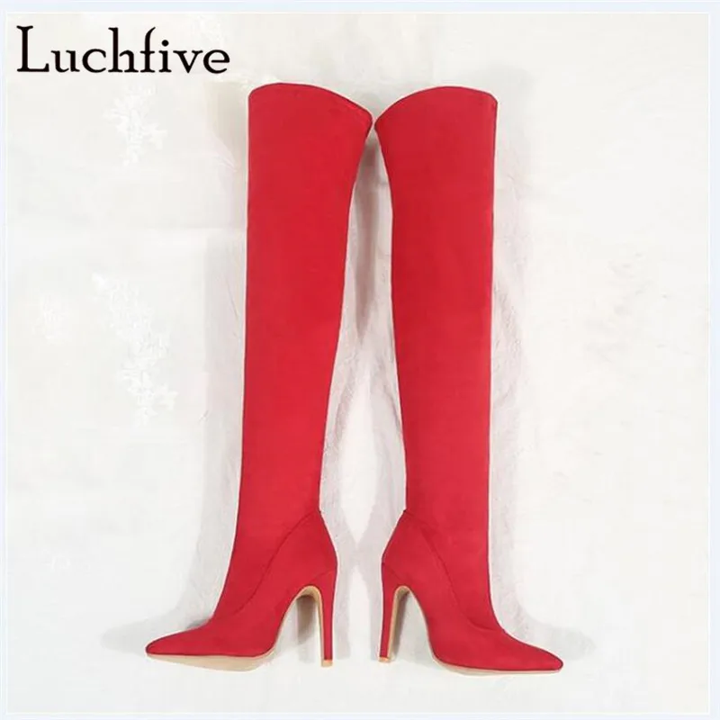 

New Fashion thin high heels over the knee boots sexy pointed toe zipper shoes women black red khaki autumn long boots