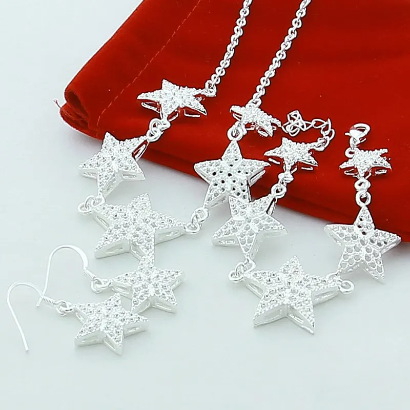 

Jewelry Sets Silver Color Five-Pointed Star Necklace Bracelet Earrings Jewelry Women Female Best Gift E325