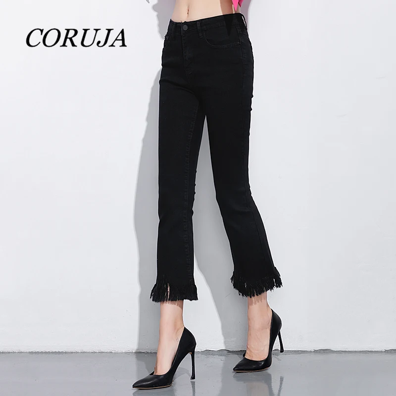 

High Quality Black Jeans Frayed Hem Pants Women Stylish Korean Style Ladies Slim Fit Denim Trousers