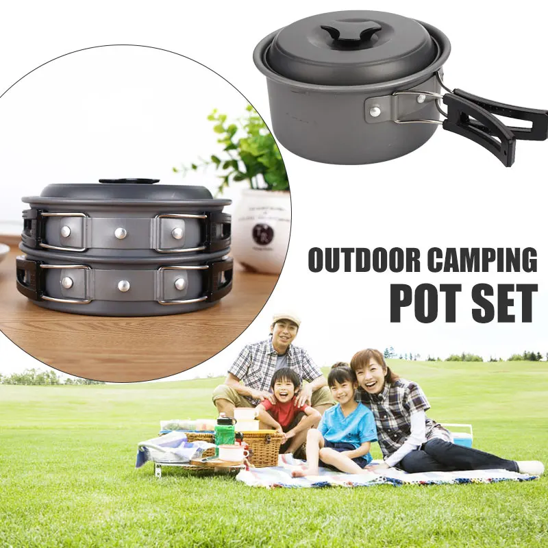 Cocina Picnic olla fuerte caminata herramienta tazón de aleación de aluminio negro 8 piezas traje al aire libre Pot Camping de utensilios de cocina de campamento de Pan