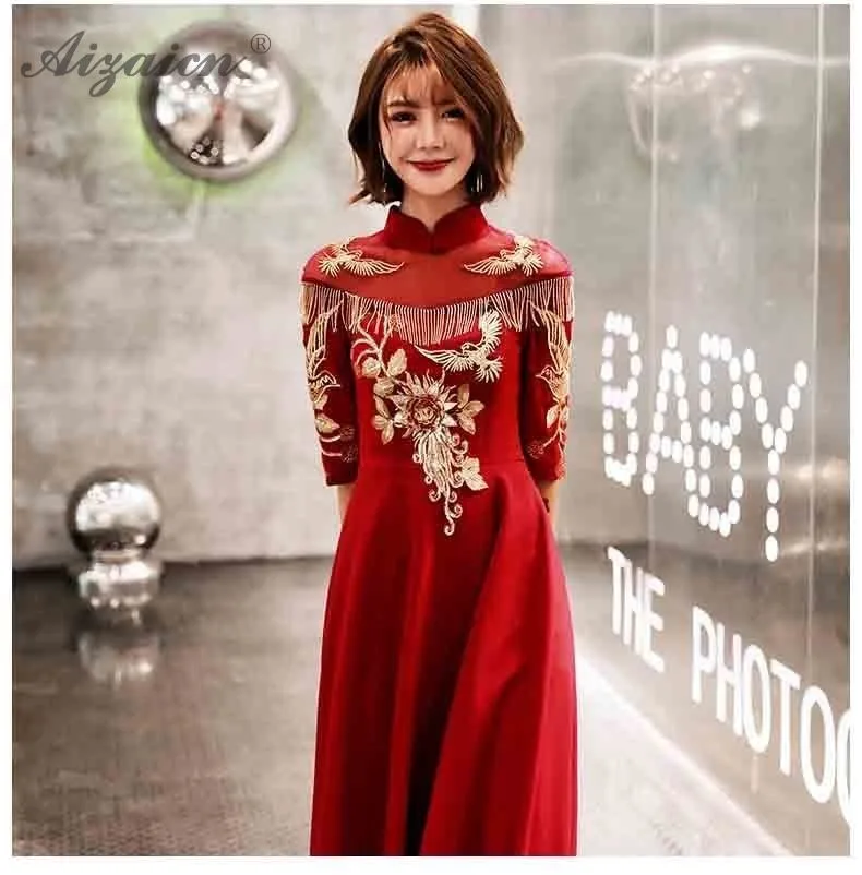 Bordado rojo Qipao chino tradicional boda Vestido Cheongsam винтажный bata 2019 Восточный ropa Китай borla larga vestidos