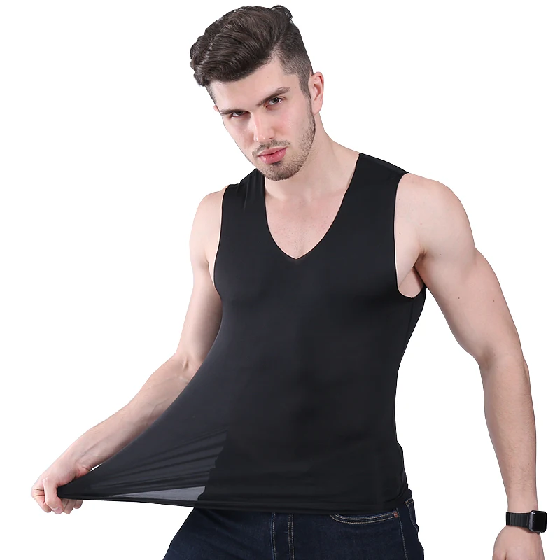 

2pcs/set summer Men Vest No trace of ice silk vest men slim Tight wide shoulder V-neck sleeveless undershirt men top tanks