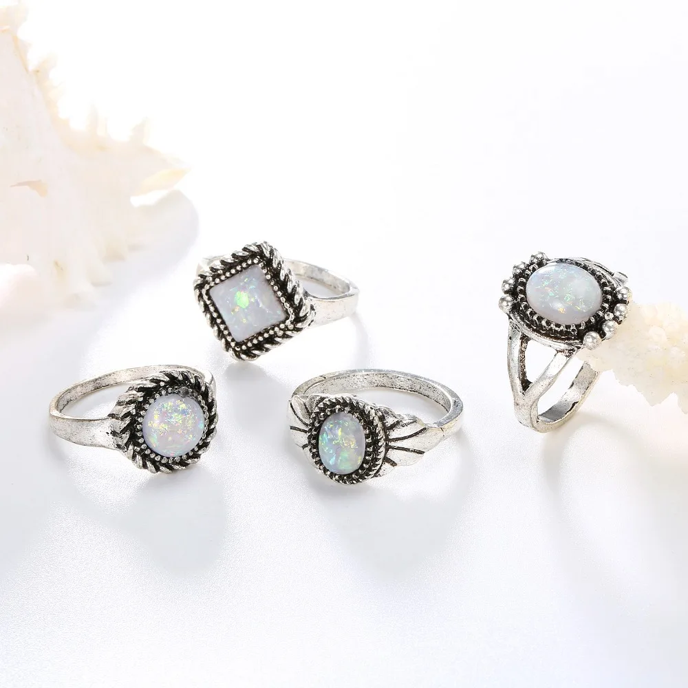 FAMSHIN 4 шт. Vintage Opal камень набор колец для женщин старинное серебро Цвет