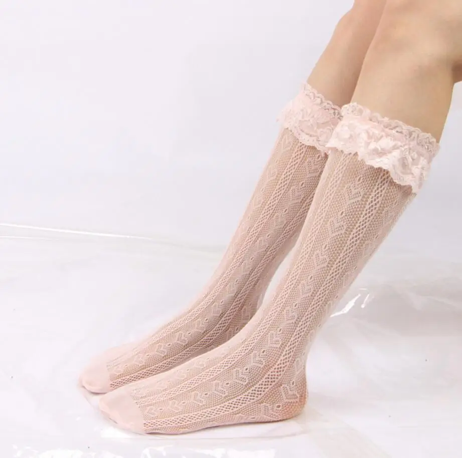 FENNASI/4 пары в партии, носки для девочек модные эластичные милые носки в стиле Лолиты с кружевными цветами и сердечками носки для девочек в японском стиле - Цвет: pink