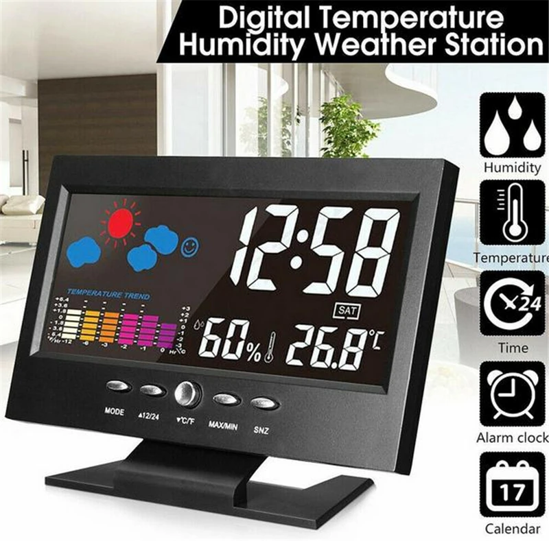 

Color Screen Square LED Digital Alarm Clock Snooze Calendar Thermometer Temperature Weather Station LCD Display Table Clocks
