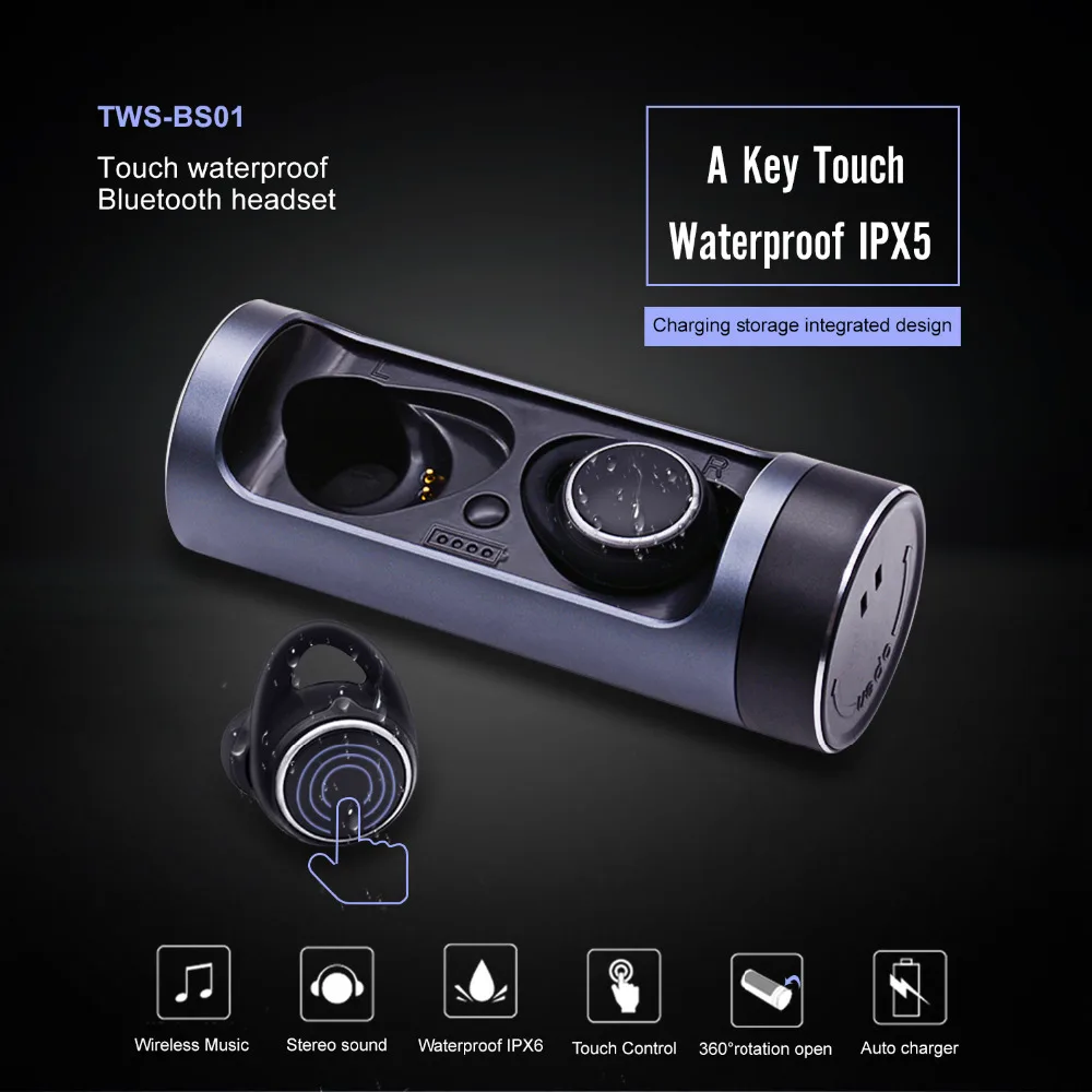 BS01 Touch Управление Bluetooth наушники 5 0 Беспроводной Водонепроницаемый с зарядным