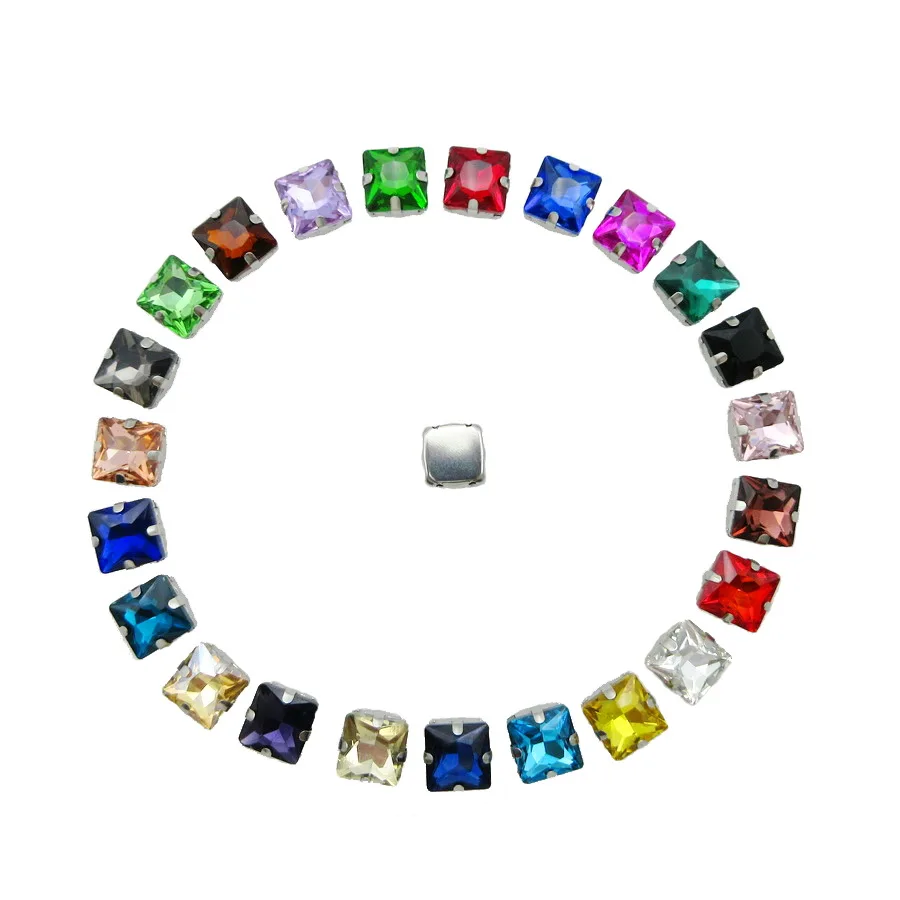 

8mm 10mm Glitter glass Crystal strass Silver claw 25 colors Square shape Sew on rhinestones wedding dress bags decoration diy