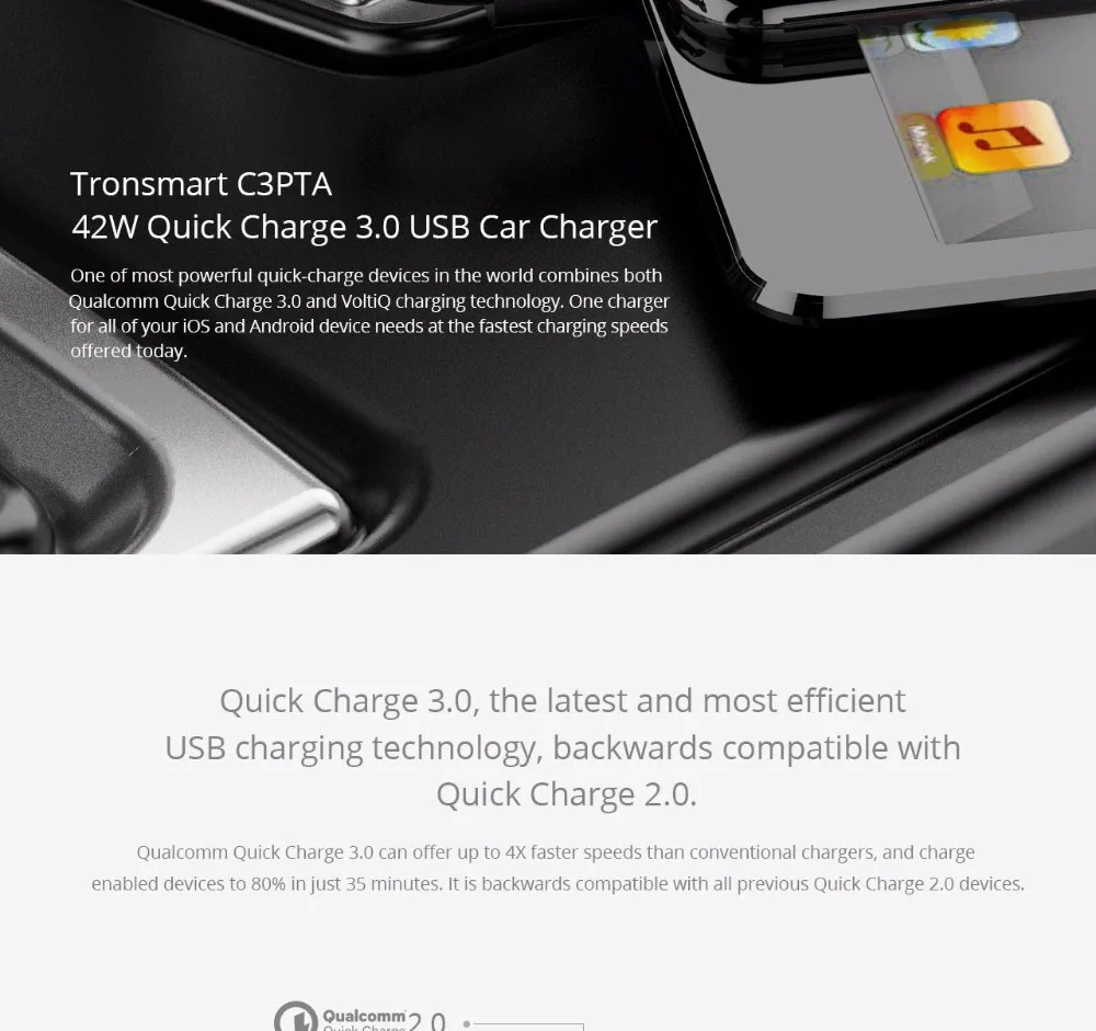 Tronsmart C3PTA Car Charger USB 3 USB Ports Quick Charge 3.0 VoltiQ Quick Car Charger for Xiaomi  for blackview phone power bank in stock (9)