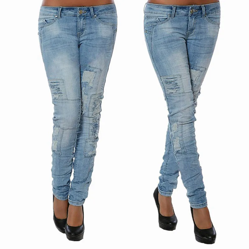 Для женщин Высокая талия эластичные Повседневное сращены джинсы Рваные Хул полной длины узкие брюки-карандаш синий плед плиссированные