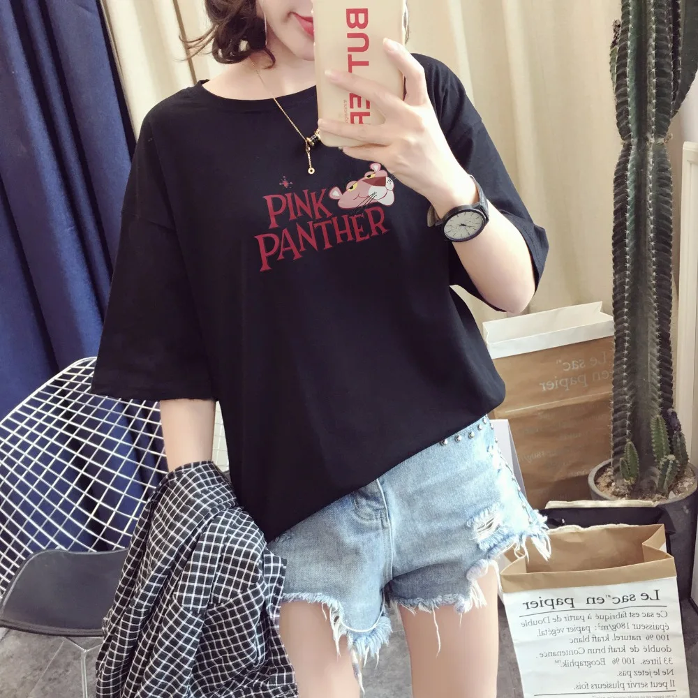 

Women T-shirt Cute Pink Panther Print Short Sleeve O Neck Women Tops Tees Casual Slim Fit Tshirt Femme