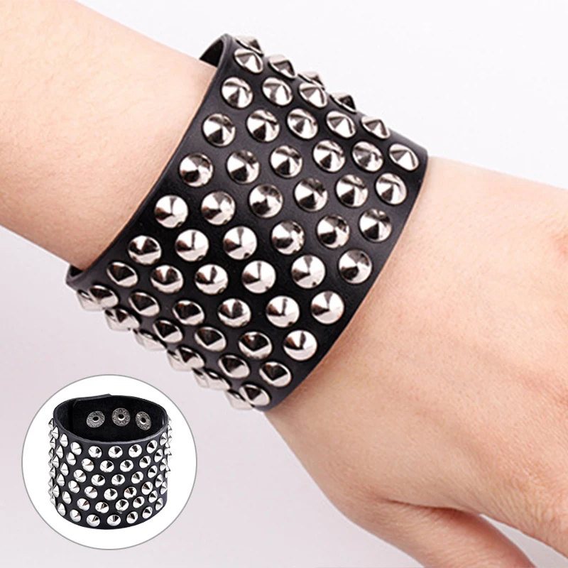 Rock Style Six Row Cuspidal Spikes Rivet Stud Wide Cuff PU Leather Punk