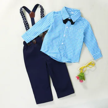 

3PCS Autumn Clothing Sets Kids Baby Boy Suit Gentleman Bow Tie Plaid Shirt&Suspender Pants Trousers Clothes for Formal 0-24M