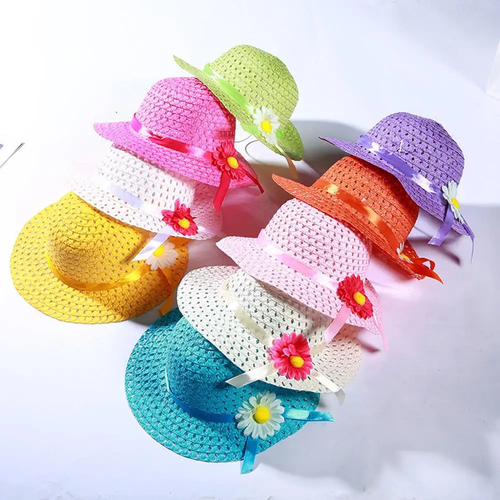 

2019 Baby Kids Hat Cap Girl Summer Floral Flower Straw Visor Sun Hat Beach Hats For kids