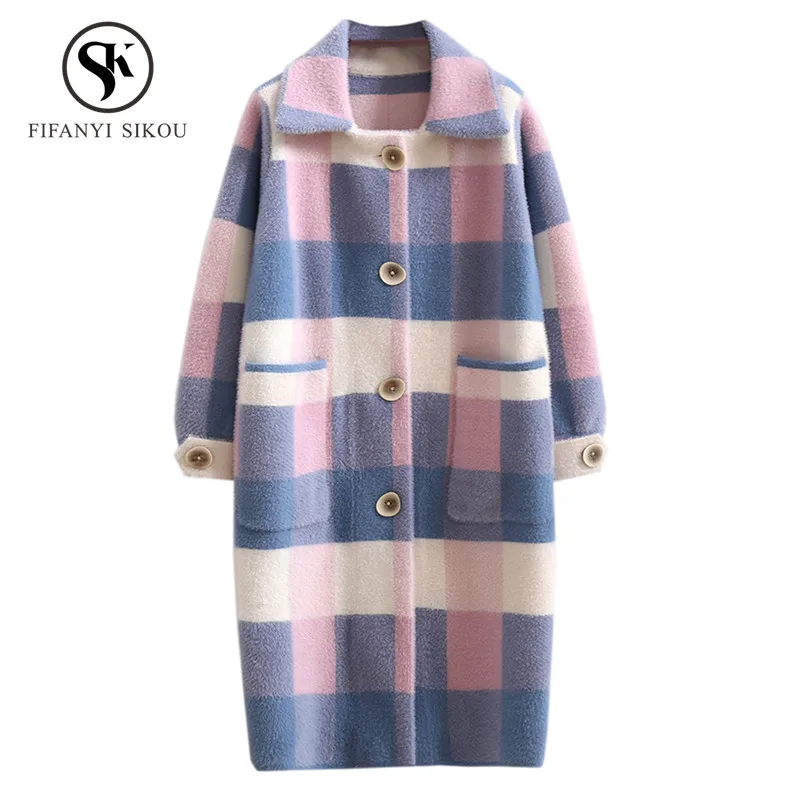 

Winter Plaid Mink Cashmere Long Cardigan Coat Knitting Sweater Women Thick warm Single Breasted Mink Sweaters Outerwear Female