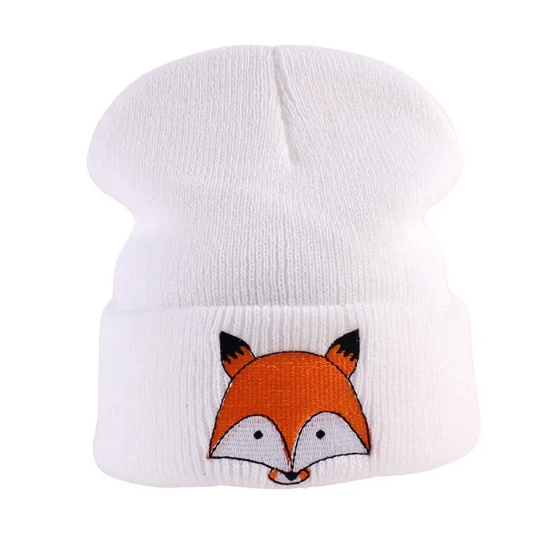 Осенне-зимняя вязаная шапочка для малыша, теплые шапки для детей, мультяшная вышивка, шапка для мальчиков и девочек, детская Милая вязаная шапочка - Цвет: white fox