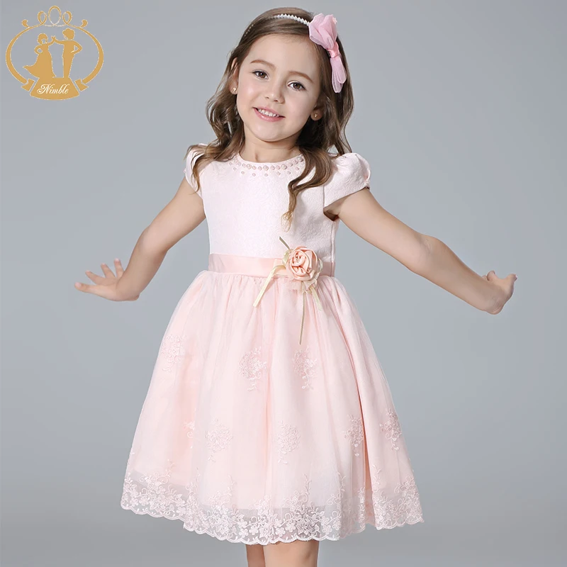 Nimble Girls font b Dress b font Princess Embroidery Bow Handmade Flowers Beaded Pearls font b