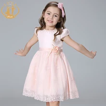Nimble Girls Dress Princess Embroidery Bow Handmade Flowers Beaded Pearls Dresses Elegant Lace Dress