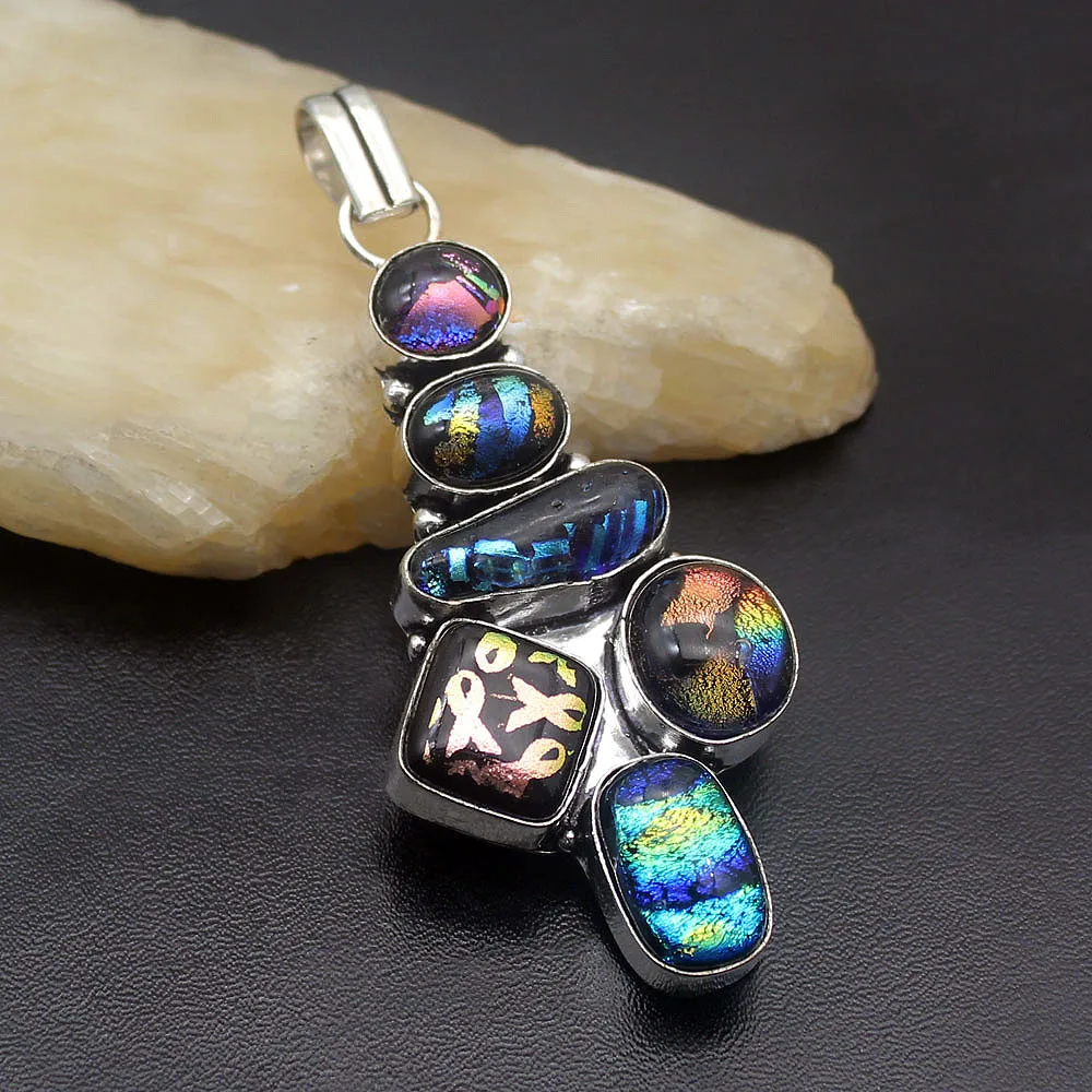 

Special Hot Sale Natural Dichroic Glass Pendant Necklace 925 Sterling Silver Charm Ladies Jewelry 3 INCH TF276