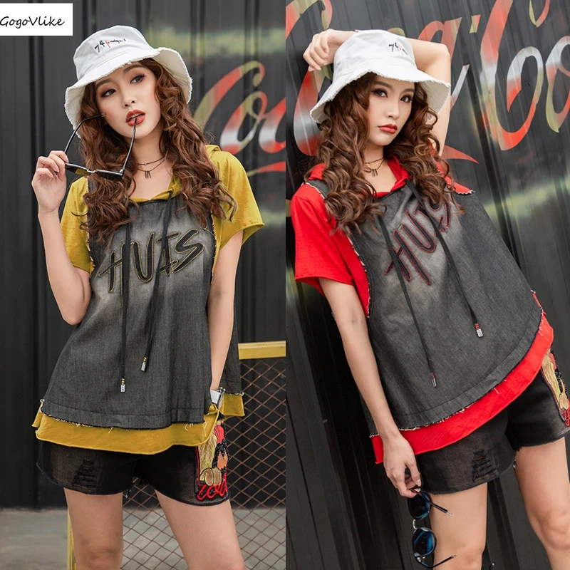 

Cute Jean Patchwork Punk Clothing Hooded 2019 Summer Women T shirts Loose Tops Casual TShirt Color Block Shirts LT827S50