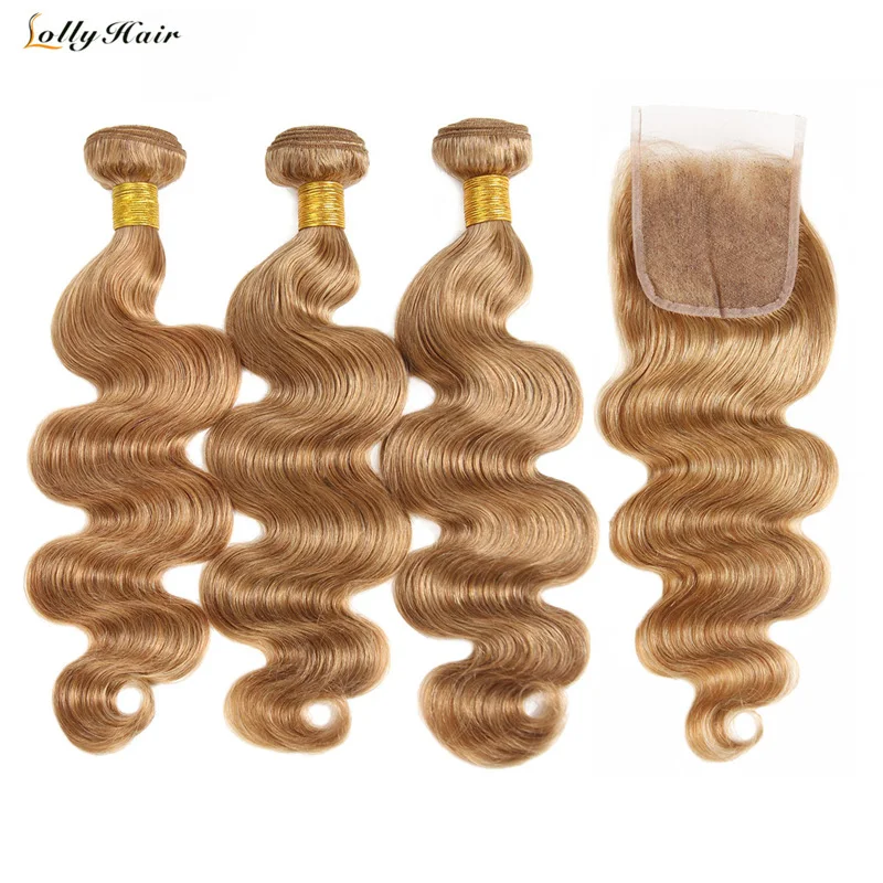 

4PCS Honey Blonde Hair Bundles with Closure 27# Light Brown Brazilian Body Wave Bundles with Closure Lolly Human Hair Non Remy