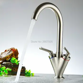 

Free shipping Hot Sale Brushed Nickle Kitchen Sink Faucet Hot & Cold Control Deck Mount Basin Tap Copper Swivel Spout Tap GI1155