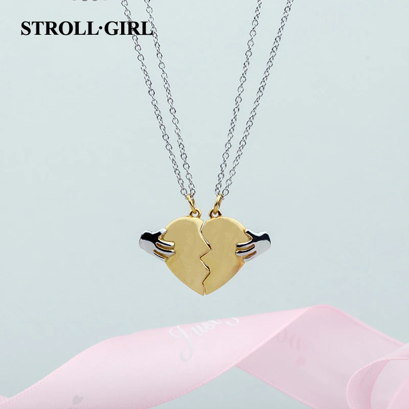 

StrollGirl New trendy 925 sterling silver cute gold heart with Hand chain Love necklace for 2019 women lovers fine jewelry