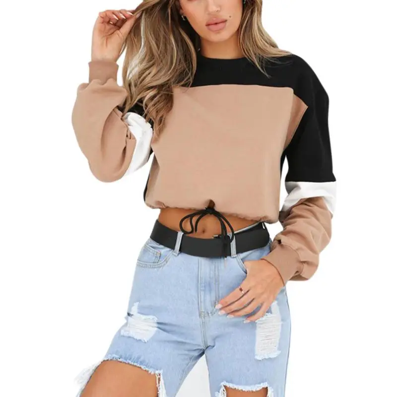 

Spring Autumn Cute Multicolor Patchwork Hoodies Long Sleeve Loose Crop Top Sweatshirt 2018 New Women Casual Drawstring Clothes