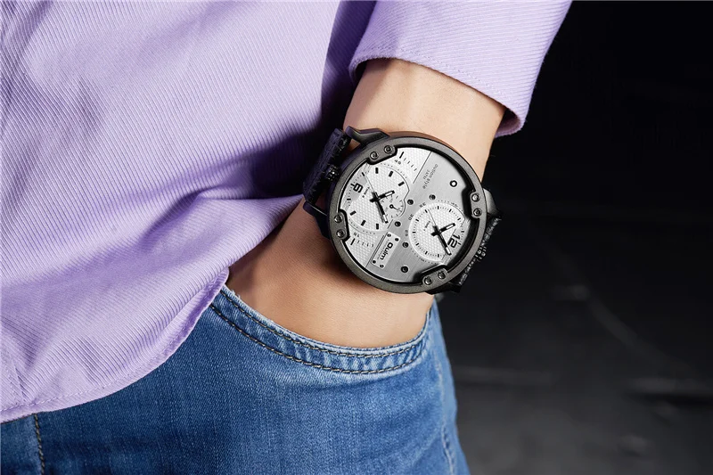 Oulm HP3548M Two Time Zone Big Men's Watches Luxury Brand Large Dial Casual Leather Strap Wristwatch Man Sport Watch