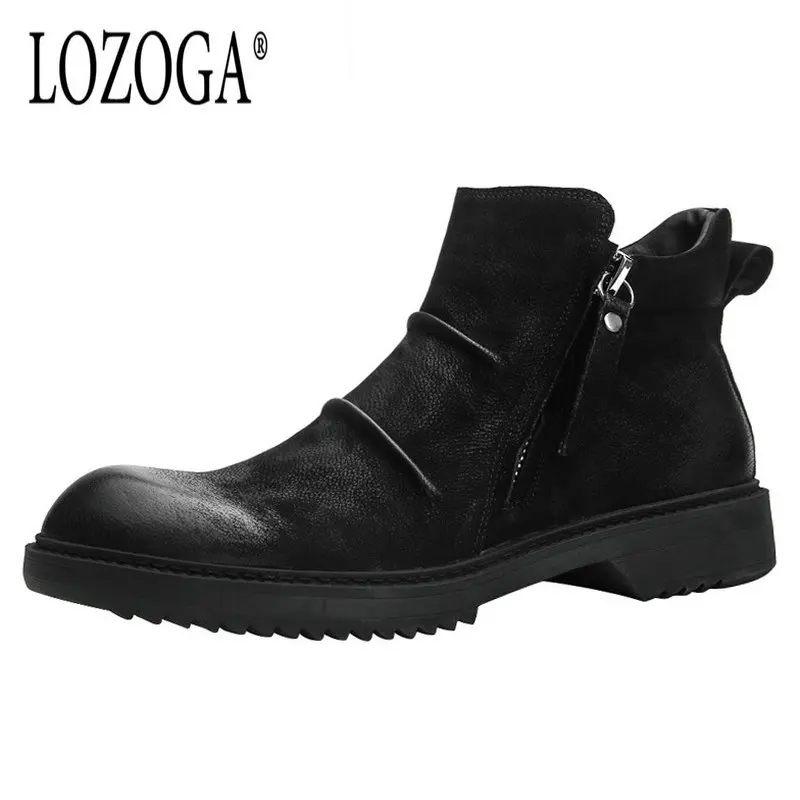 

Lozoga Men's Shoes Western Boots Genuine Leather Retro Zip Boots Pleated Round Toe Handmade Brand Men Ankle Boots Casual Shoes