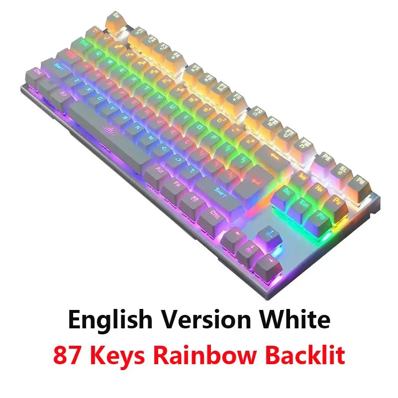 White 87key Backlit Механическая клавиатура с RGB подсветкой, USB Проводная компьютерная эргономичная игровая клавиатура для ПК, настольный компьютер, синий, коричневый, красный переключатель, русский язык - Цвет: White 87key Backlit