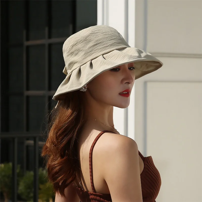 

2019 Hot Sale Summer Women Japanese Cotton Solid Stripe Bucket Hat with Bow Tie Outdoor Sports Camping Hiking Sun Protect Cap
