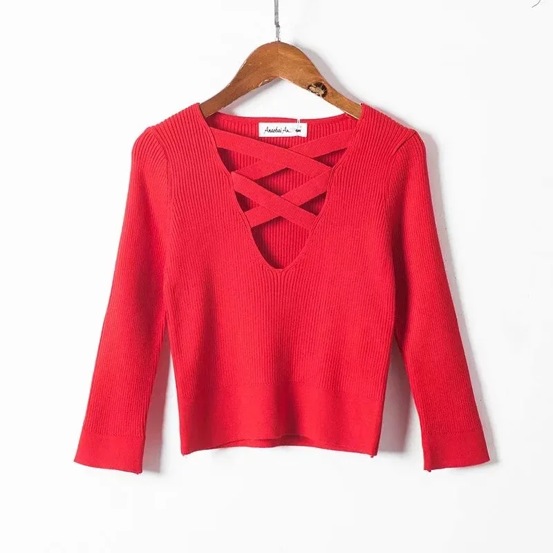 Long Sleeve Knitted Sweater for Women Solid High Quality Comfort Lady Pullover Fashionable Criss Cross Crop Tops Casual Wear | Женская