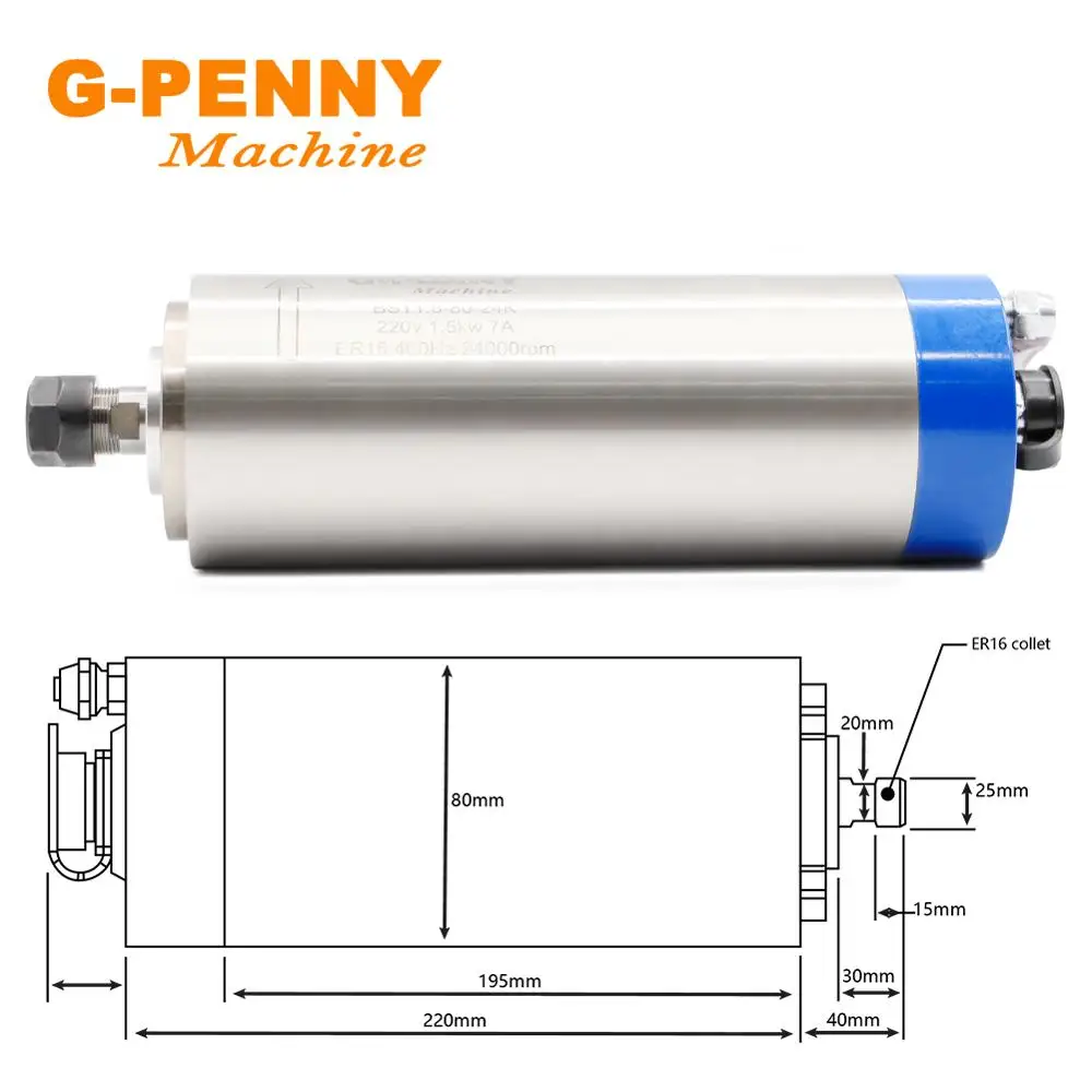 G-PENNY CNC 1.5KW 80 мм шпиндель с водяным охлаждением ER16 400 Гц шпиндель с водяным охлаждением 80x220 мм 4 подшипники с ЧПУ мотор шпинделя для гравировки